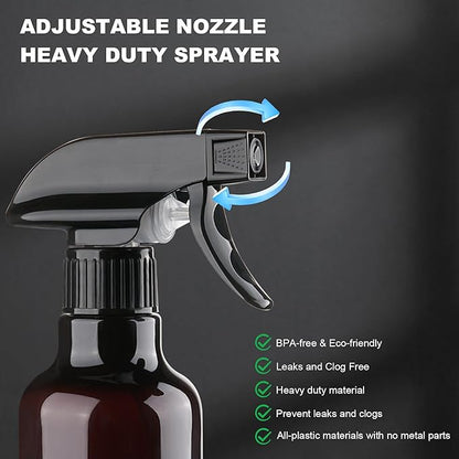 Plastic Spray Bottles 12oz 2 Pack Adjustable Mist/Stream Spraying Heavy Duty Square Water Spray Bottles for Hair, Cleaning Solutions, Plants,Essential Oils (Brown)