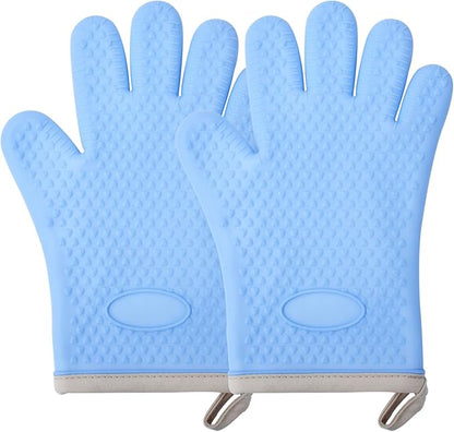 Silicone Oven Mitts Heat,1 Pair Non-Slip Five-Finger Oven Gloves, Waterproof Flexible BBQ Grilling Gloves with Hanging Loops, Kitchen Mitts for Baking Cooking Frying (Sky Blue)