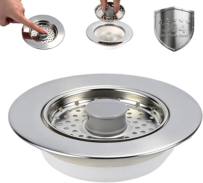 Sink Drain Strainer - Kitchen Sink Stopper, 3 In 1 Kitchen Sink Drain Strainer with Anti-Clogging Basket, Fit US Standard 3-1/2'' Sink Hole