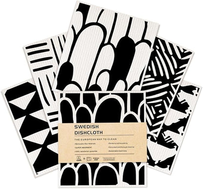 Swedish Dishcloths 6 Pack, Black White Geometric Reusable Paper Towel Alternatives, Washable Absorbent Cellulose Sponge Cloths No Odor, Kitchen Dish Washing Cloths, Kitchen Gifts for Women