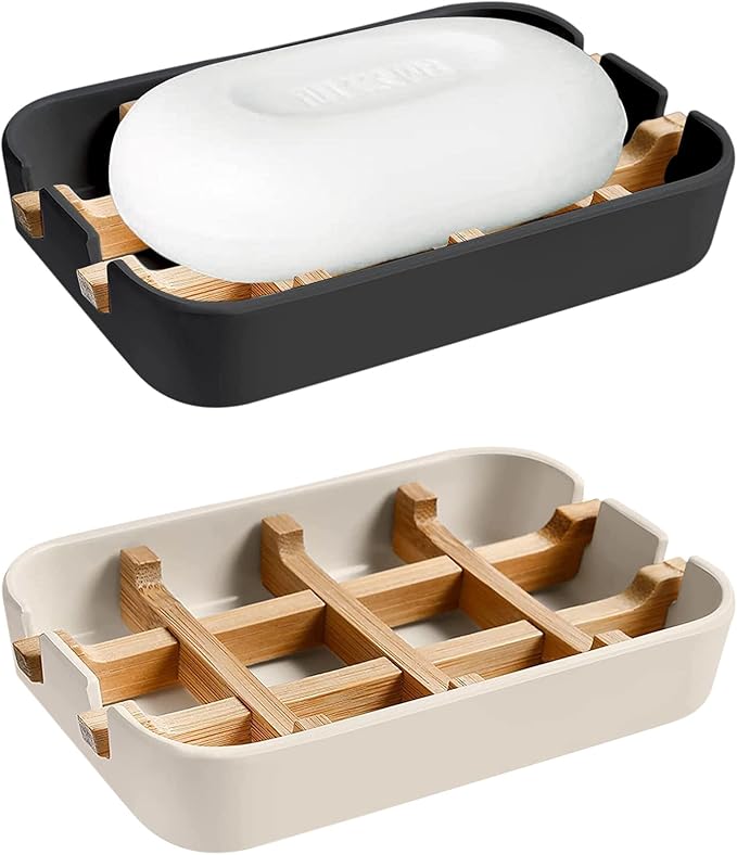 Aoheuo Modern Bamboo Fiber soap Holder and soap Dish Combination (Removable),5.12 Long by 3 Wide, 0.98 inches high, Used in Kitchens, bathrooms, and bar Sinks (Black,Off White)