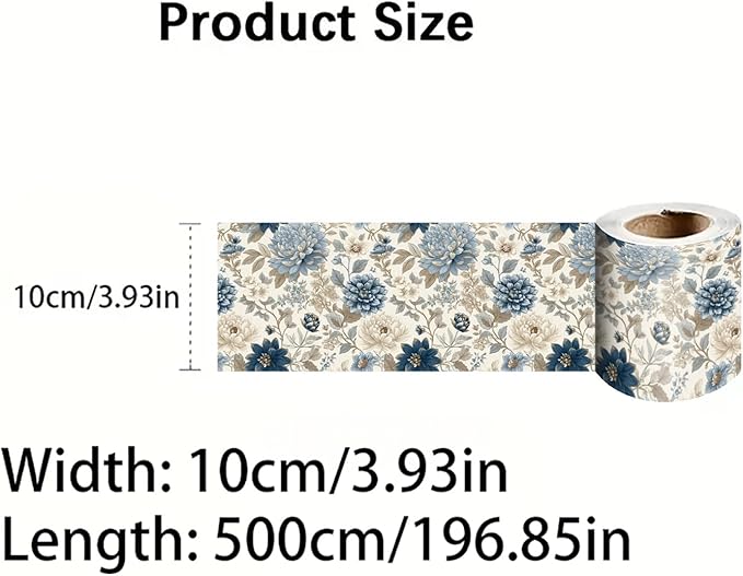 Blue Floral Wallpaper Border 196x4 Inch Peel and Stick Removable Vinyl Wall Border Elegant Blue and Beige Flower Wall Trim for Kitchen Bathroom Bedroom Living Room Home Decor