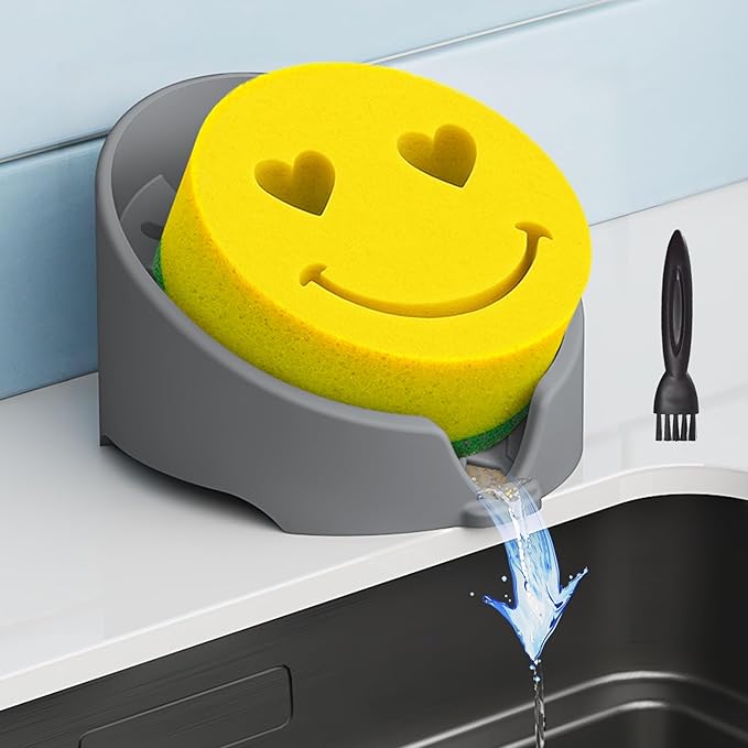 NiHome Silicone Sponge Holder Compatible with Scrub Daddy Mommy Sponges for Kitchen & Bathroom, Auto Draining Organizer Holds Multiple Sponges & Cleaning Tools, Food-Grade, Dishwasher Safe (Dark Gray)