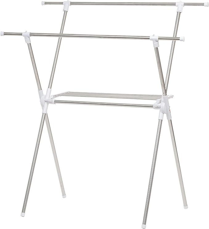 IRIS USA Foldable Drying Rack with Extendable Rods for Large Laundry Loads, Clothes Drying Rack, Freestanding Foldable Laundry Rack, Anti-Skid Feet, Portable and Storable, Silver