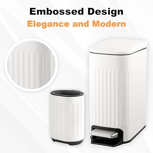 Bathroom Trash Can with Toilet Brush - 1.6 Gallon Slim Stainless Steel Garbage Can, Small Wastebasket for Bathroom, Office, Bedroom, Silicone Toilet Brush Included, White