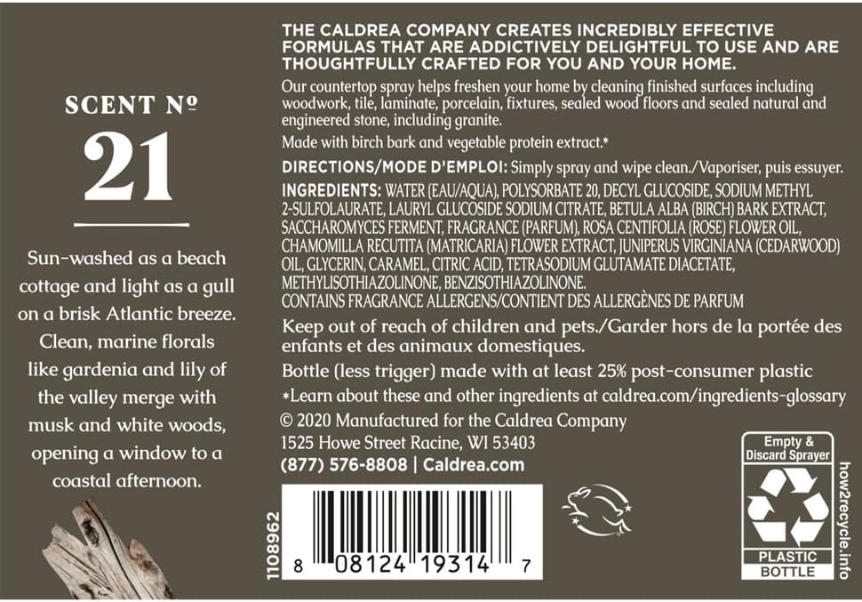 Caldrea Multi-surface CounterTop Spray Cleaner, Made With Vegetable Protein Extract, Rosewater Driftwood Scent, 16 Oz