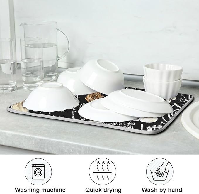 Coffee Black Dish Drying Mat for Kitchen Coffee Beans Maker Cappuccino Latte Chocolate Microfiber Drying Mats Absorbent Reversible Dish Pad Large Dish Draining Mat 18x24 inch