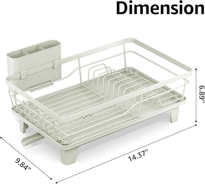 Urackify Dish Drying Rack for Kitchen Counter, Sink Dish Rack with Drainboard, Large Dish Drainer with Cups Holder, Home Countertop Plate Dryer Storage Rack with Cutlery Holder, Soft Celery Green