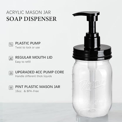 Amolliar Plastic Mason Jar Soap Dispenser with Pump Lid,16OZ Refillable BPA-Free Hand Soap Dispenser Set with Cute Lables - Farmhouse Decor for Kitchen/Bathroom, Liquid Soap,Dish Soap, Lotion