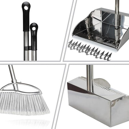 Outdoor Broom and Dustpan Comb Set,Heavy Duty Stainless Steel Metal Dust Pan with Long Handle Commercial Stiff Bristles Broom for Home Garage Garden Patio