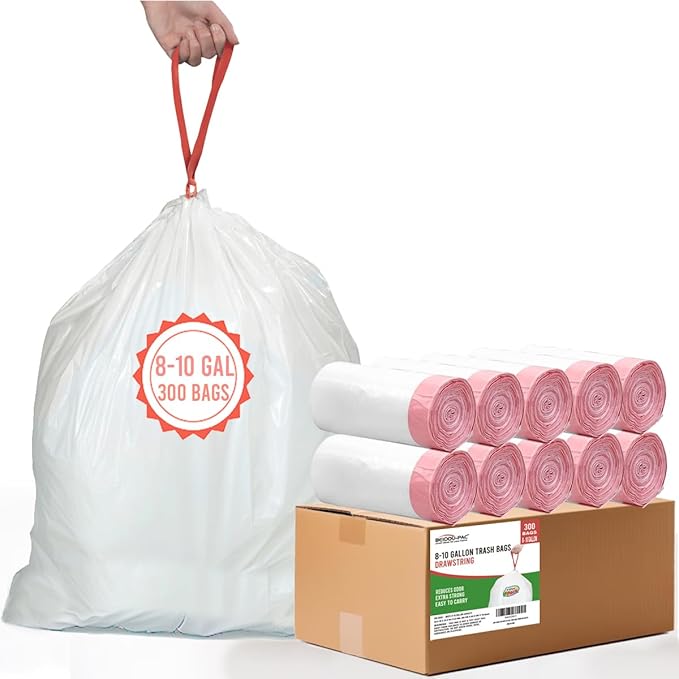 BEIDOU-PAC 8-10 Gallon Trash Bags Drawstring, 300 Count, White & Unscented Garbage Bags Multi-purpose for Business Home Bathroom Kitchen Commercial and Industrial