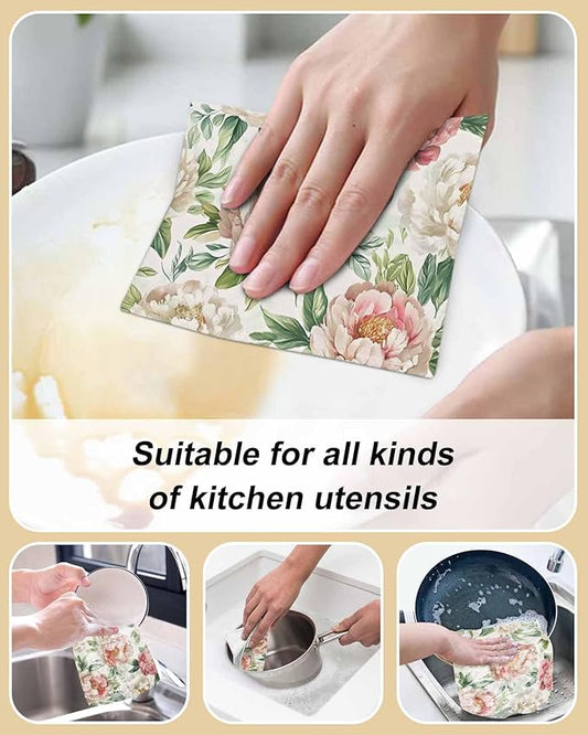 6 Pack Vintage Flower Kitchen Dish Cloths, Watercolor Pink White Flowers Leaves Dishcloths for Kitchen, Reusable Paper Towels, Super Absorbent Quick Drying Washcloths Cleaning Wipes, 6x5 inch