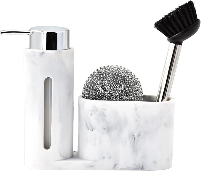 Soap Dispenser with Sponge Holder, Kitchen Soap Dispenser Pump, Sponge Caddy and Brush Holder 3 in 1 Set Organizer for Sink Countertop, Rustproof（White）