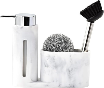Soap Dispenser with Sponge Holder, Kitchen Soap Dispenser Pump, Sponge Caddy and Brush Holder 3 in 1 Set Organizer for Sink Countertop, Rustproof（White）