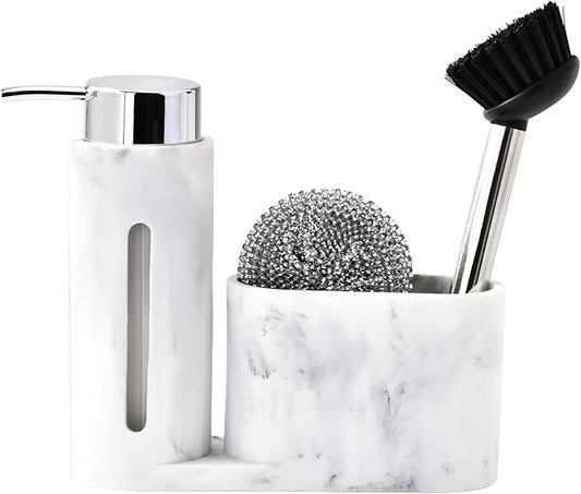 Soap Dispenser with Sponge Holder, Kitchen Soap Dispenser Pump, Sponge Caddy and Brush Holder 3 in 1 Set Organizer for Sink Countertop, Rustproof（White）