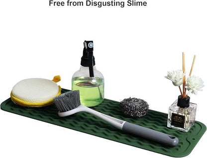 ZLR Silicone Sponge Holder & Sink Caddy Tray (6" x 17") - Narrow Dish Drying Mat for Kitchen Counter - Waterproof Soap Dispenser Organizer, Non-Slip Bathroom Vanity Tray (Dark Green)