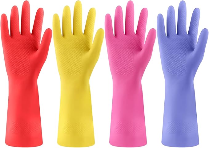 Rubber gloves for dishwashing 4 Pairs, Kitchen gloves for dish cleaning gloves, Reusable (Large, Colorful)