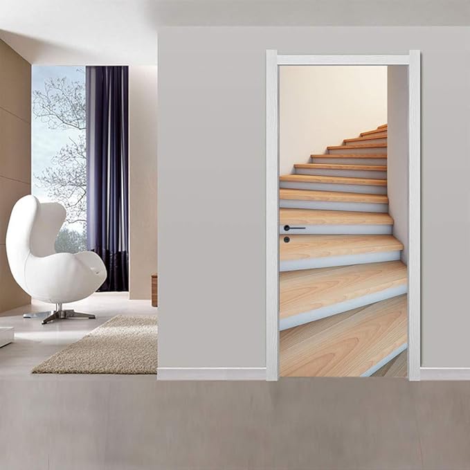 3D Door Stickers Murals - Stairs Wallpaper Self-Adhesive Removable PVC Waterproof Matt Finish Modern Style White 35.4" x 78.7"