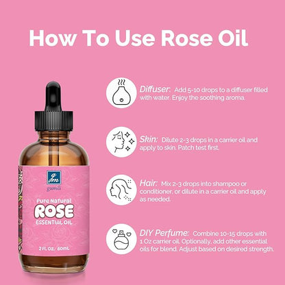 GM Gumili Rose Essential Oil for Face, Hair, Body, Skin, Aromatherapy, Essential Oils Diffuser, DIY Blends - 2 Oz