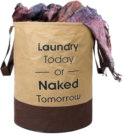 45L Waterproof Laundry Basket – Collapsible Canvas Clothes Hamper with Handles for Toy Storage, Laundry Room, Dorm & Nursery – Brown Organizer Bin (14.57x14.57x18.11 in)