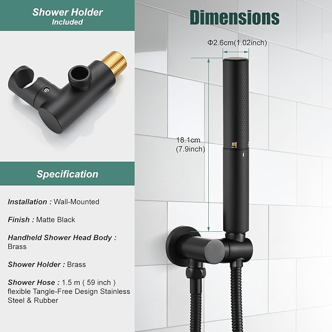 Heyalan Brass 2 in1 Function Handheld Spray Hand Shower High Pressure Handheld Sprinklert Shower Wand with Shower Hose and Adjustable Hand Shower Holder, Matte Black
