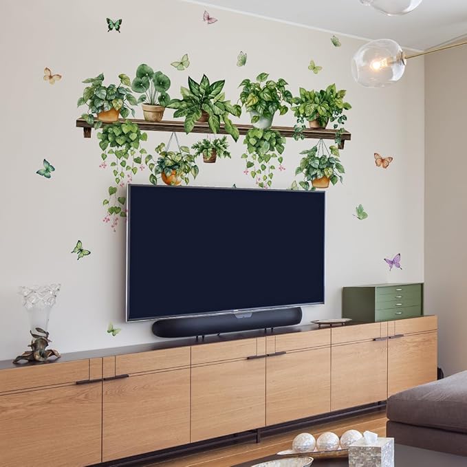2 Sheets Potted Green Plants Wall Stickers & Murals Peel and Stick Removable Wall Decals Living Room Vinyl 3D Wall Stickers for Bedroom Bathroom Cabinet Vine Wall Clings Decor with Butterflies