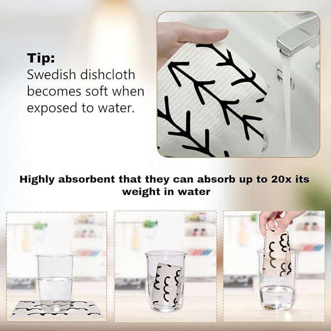 Swedish Dishcloths for Kitchen, 6 Pack Black White Reusable Paper Towels, Washable Absorbent Cellulose Sponge Cloths No Odor, Gifts for Women Hostess, Home Kitchen Cleaning Essentials