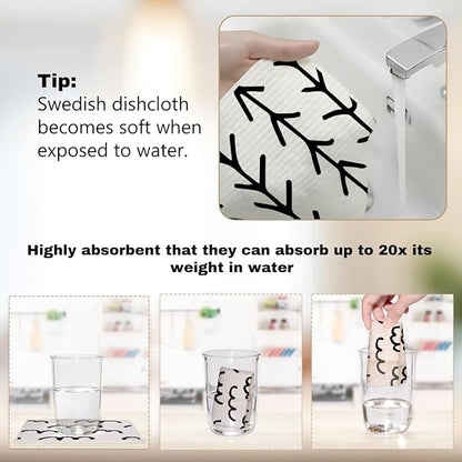 Swedish Dishcloths for Kitchen, 6 Pack Black White Reusable Paper Towels, Washable Absorbent Cellulose Sponge Cloths No Odor, Gifts for Women Hostess, Home Kitchen Cleaning Essentials