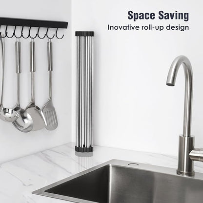 Tomorotec 21" x 15.5" Roll Up Dish Drying Rack Over Sink Drying Rack Sink Cover Kitchen Sink Accessories Gadget Multipurpose Organizer Foldable Stainless Steel Drainer
