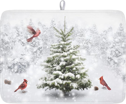 Winter Forest Dish Drying Mat for Kitchen Counter Silvery White Pine Trees Snow Snowflake Drying Mat 18x24 Inch Holiday Absorbent Dish Drainer Mat Kitchen Accessories