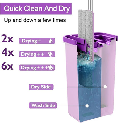 Mop and Bucket with Wringer Set, Hands Free Flat Floor Mop and Bucket, 3 Washable Microfiber Pads Included, Wet and Dry Use, Home Floor Cleaning System for All Floor Types and Windows, Purple