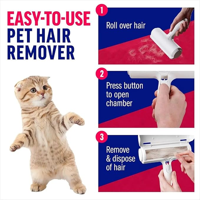 EcoPet's Pet Hair Remover – Reusable Lint Roller for Cat & Dog Fur on Furniture, Clothes, Couch, Carpet, Car, Rugs & Bedding – Portable Hair Removal Tool, Eco-Friendly, Upgraded Handle (White & Red)