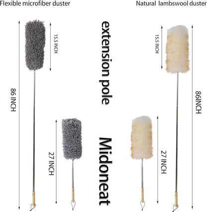 Midoneat Lambswool and Microfiber Duster, 2 Counts, Long Reach/Extendable Duster Up to 86" for Cleaning High Ceiling Fan, Interior Roof, Cobweb, Keyboard, Furniture
