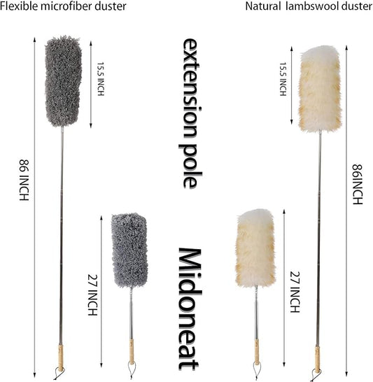 Midoneat Lambswool and Microfiber Duster, 2 Counts, Long Reach/Extendable Duster Up to 86" for Cleaning High Ceiling Fan, Interior Roof, Cobweb, Keyboard, Furniture