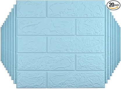 20 PCS Blue 3D Wall Panels, 29 sq.feet Coverage, Printable Wallpaper Sticker with Self-Adhesive Waterproof Brick PE Foam Wall Panels Peel and Stick for Interior Wall Decor, Home Decoration