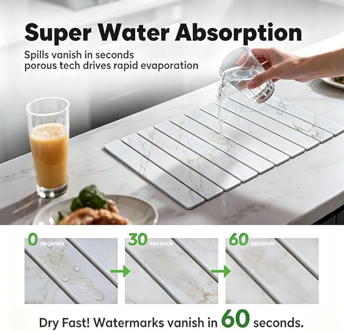 Stone Drying Mat for Kitchen Counter, Quick Diatomaceous Earth Mats for Dishes, 24" x 16" W Super Absorbent Fast-Drying Collapsible Countertop Stone Mat (Marble Gold White, Extra Large)