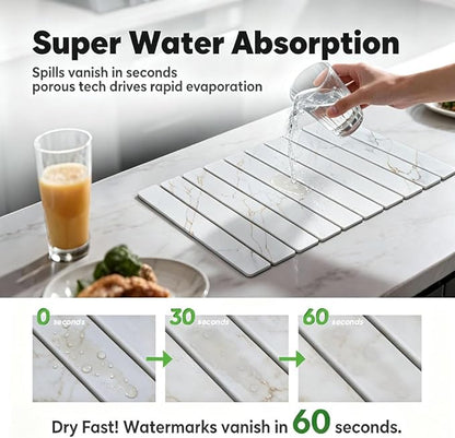 Stone Drying Mat for Kitchen Counter, Quick Diatomaceous Earth Mats for Dishes, 24" x 16" W Super Absorbent Fast-Drying Collapsible Countertop Stone Mat (Marble Gold White, Extra Large)