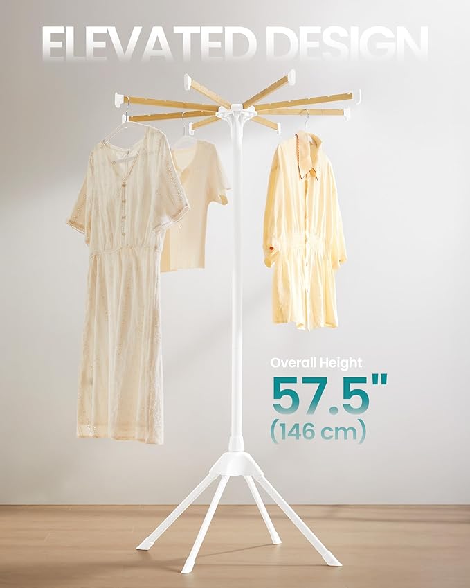 SONGMICS Clothes Drying Rack, with Bamboo Hanging Rods, Foldable Metal Laundry Rack, Space-Saving, Free-Standing Airer, Indoor Use, White and Natural ULLR516W01