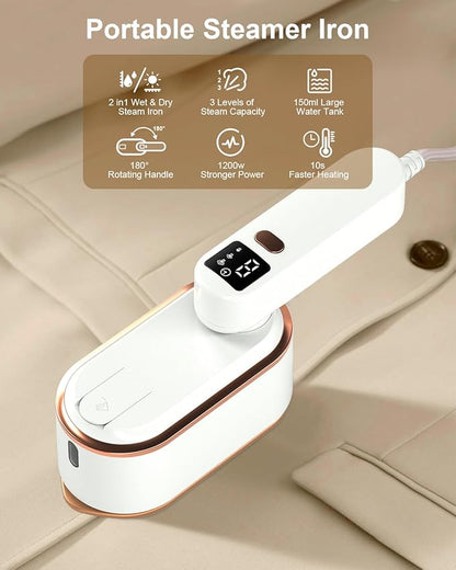 Travel Steamer Iron for Clothes - 1200W Handheld Size Portable Travel Steamer, 3 Steam Levels Clothes Steamer with LCD Screen, 10S Fast Heat-up Steamer for Dress Shirt Home Travel (White)