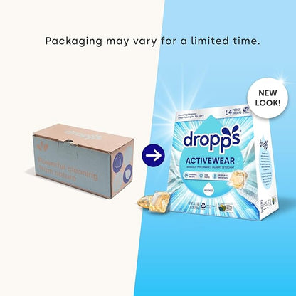 Dropps Activewear Laundry Detergent Pods, Unscented (64 Count) - Free & Clear | Fights Sweat & Body Odors | For Synthetic Workout Clothes | Clean Ingredients | Plastic Free Packaging