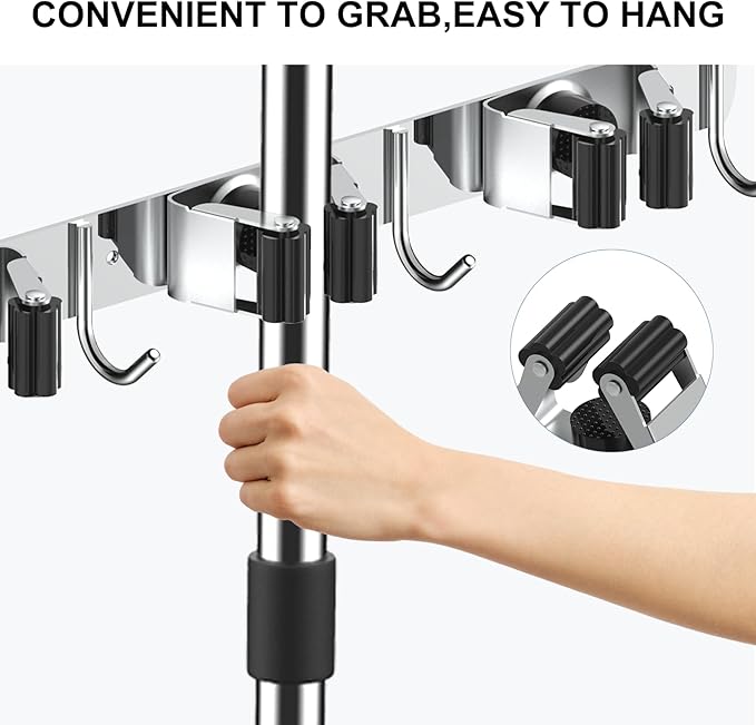 nacena 2 Pack Broom Holder Wall Mount Mop Hanger, Stainless Steel 4 Racks 5 Hooks Self Adhesive Heavy Duty Tool Organizer for Garage Kitchen Garden Laundry Room Home (Silver