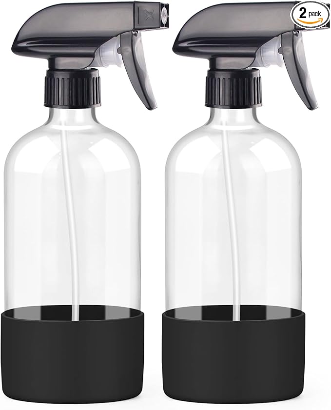Worldgsb 2 Pack Glass Spray Bottles with Silicone Sleeve, 16 oz Empty Refillable Containers with Adjustable Spray Nozzles, Spray Bottles for Hair, Cleaning Solutions and Plants Black