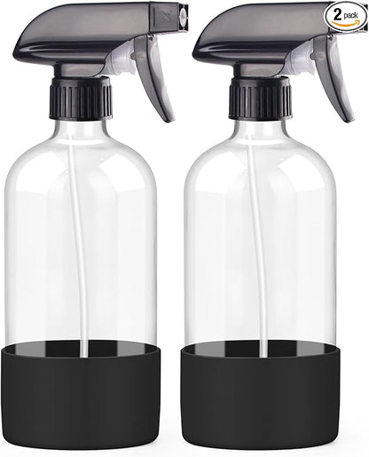 Worldgsb 2 Pack Glass Spray Bottles with Silicone Sleeve, 16 oz Empty Refillable Containers with Adjustable Spray Nozzles, Spray Bottles for Hair, Cleaning Solutions and Plants Black