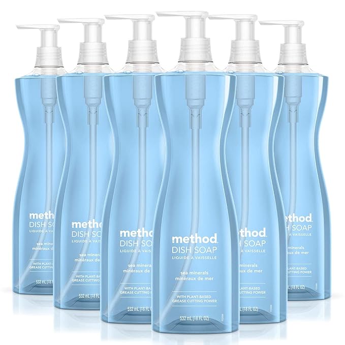 Method Gel Dish Soap, Sea Minerals Scent, Tough on Grease & Stuck-on Food, Cruelty Free Formula, Made with Recycled Plastic, 18 Fl Oz (Pack of 6)