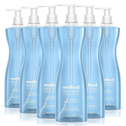 Method Gel Dish Soap, Sea Minerals Scent, Tough on Grease & Stuck-on Food, Cruelty Free Formula, Made with Recycled Plastic, 18 Fl Oz (Pack of 6)