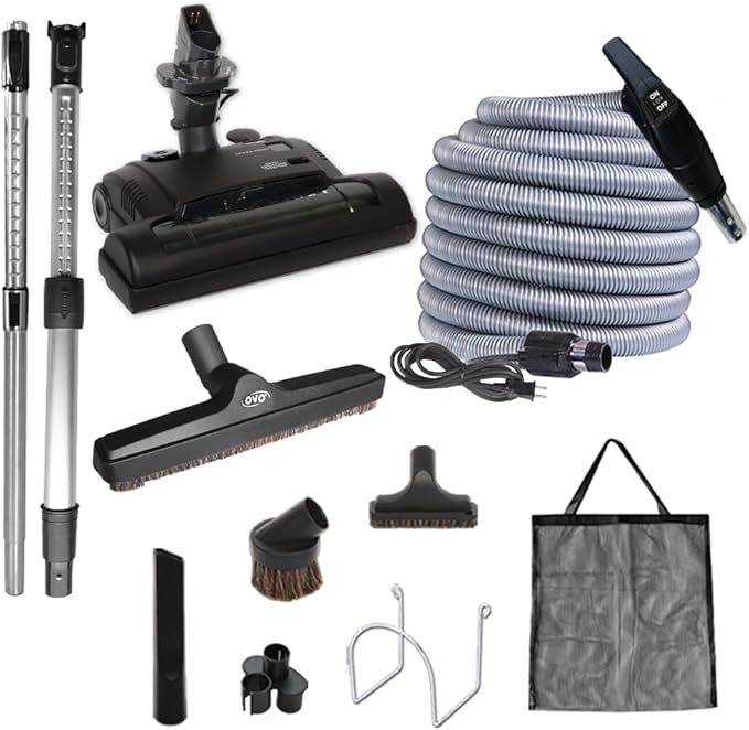 OVO Central Vacuum Carpet Deluxe Accessory Kit, 50ft Dual Voltage Hose with Pigtail, On-Off Switch at The Handle, 6 Adjustable Heights Electric Carpet Beater, 12’’ Floor Brush and Accessories, Black