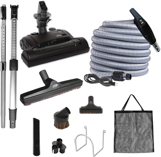 OVO Central Vacuum Carpet Deluxe Accessory Kit, 30ft Dual Voltage Hose with Pigtail, On-Off Switch at The Handle, 6 Adjustable Heights Electric Carpet Beater, 12’’ Floor Brush and Accessories, Black