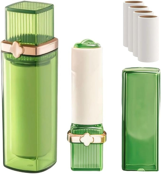 Mini Lint Roller, Portable & Travel Lint Remover for Clothes and Pet Hair, Pocket-Size Lipstick Design, 1 Green and 5 Refills