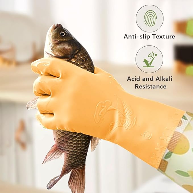 2 Pairs Rubber Dishwashing Cleaning Gloves, Reusable Latex Free Kitchen Dish Gloves with Cotton Lined, Non-Slip Waterproof Household Gloves for Laundry, Working, Gardening (Yellow & Green)