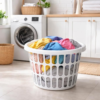 2 Pack 1 Bushel Round Laundry Baskets, White Plastic Clothes Hamper with Ventilated Design and Built-In Handles, Lightweight Household Organizer